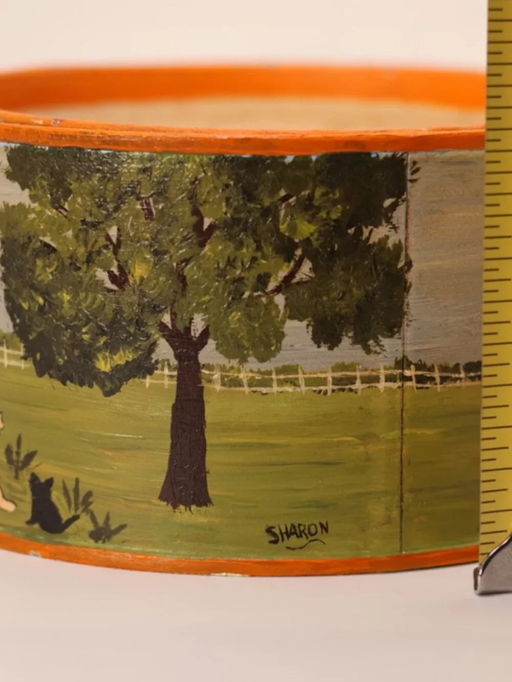 Vintage Hand-Painted Folk Art Tin Canister, Signed Sharon Landscape Storage
